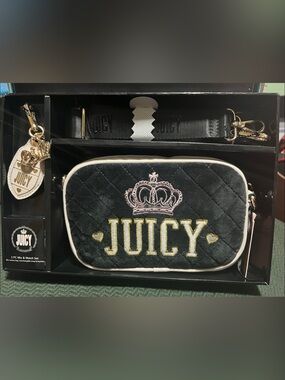 Juicy Couture Black Quilted Crossbody Pouch Camera Bag with Gold & Pink Accents